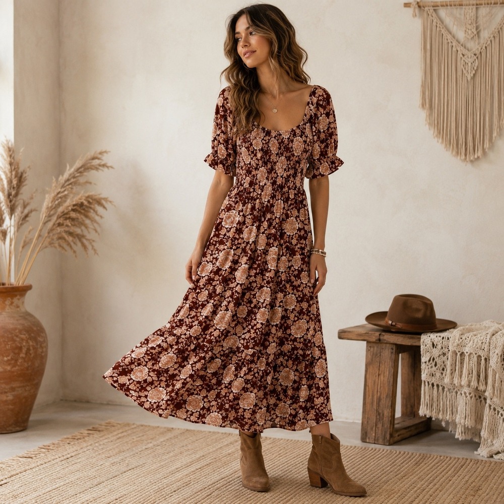 Abercrombie & Fitch Smocked Floral Midi Dress Size S Brown Cottagecore Boho Chic